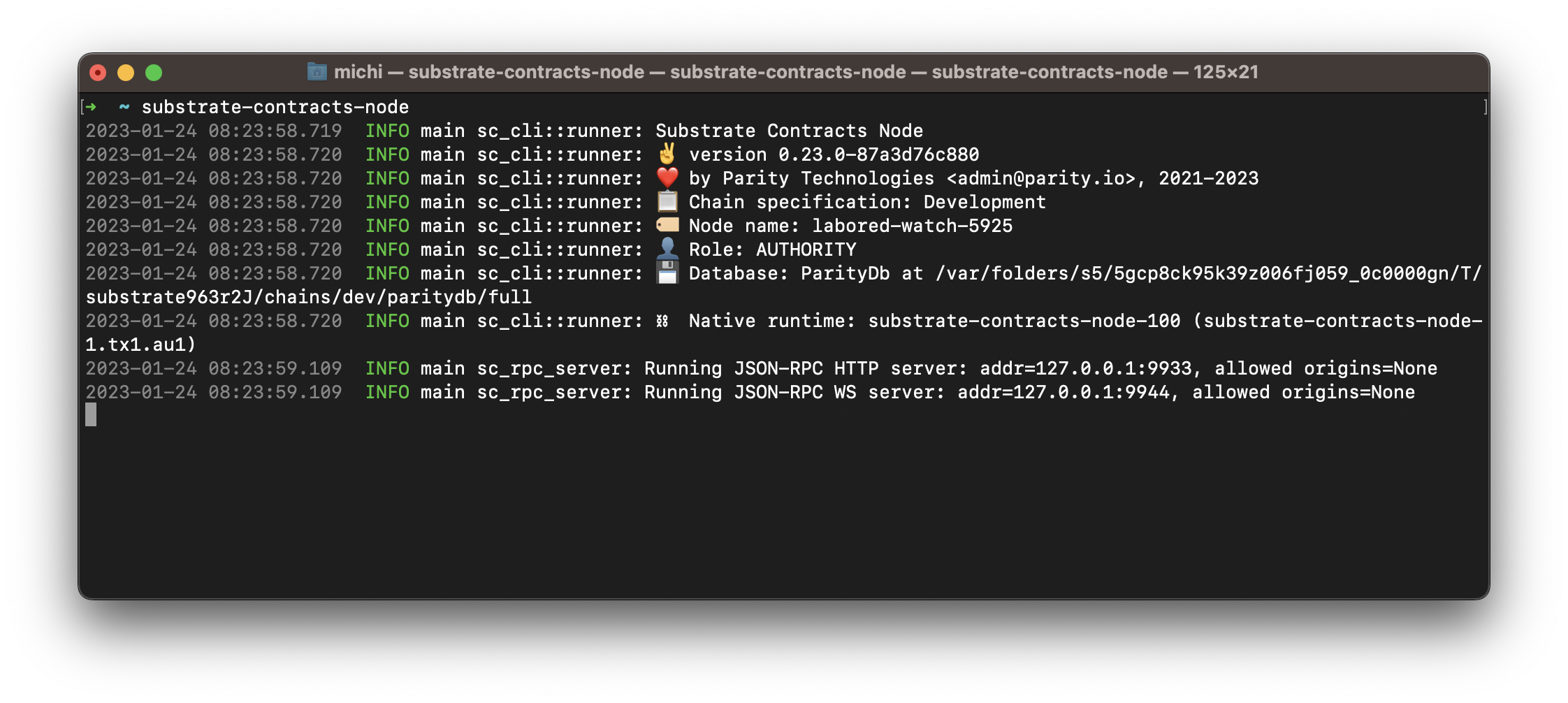 An image of the terminal starting a Substrate node