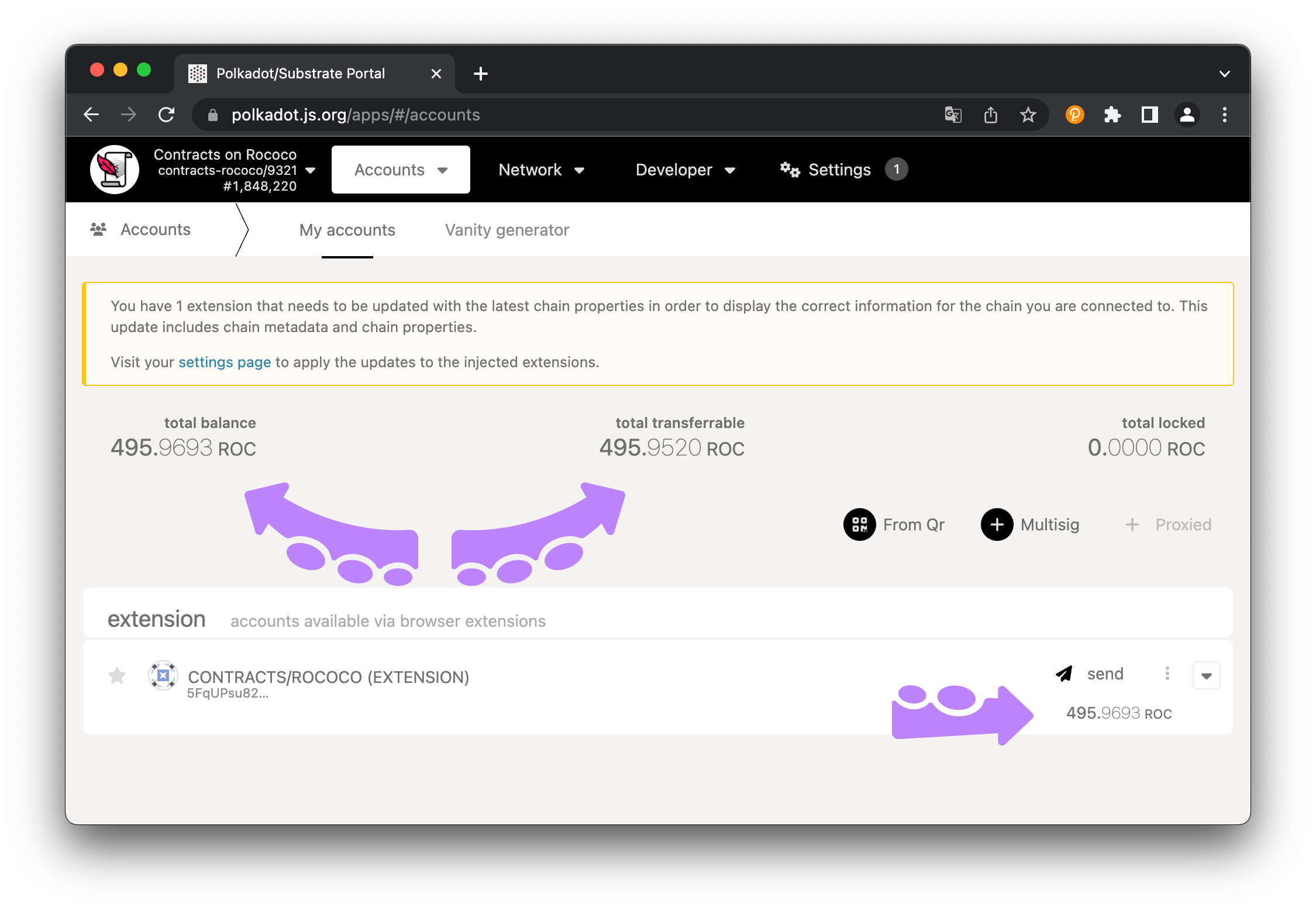 Rococo testnet tokens in wallet